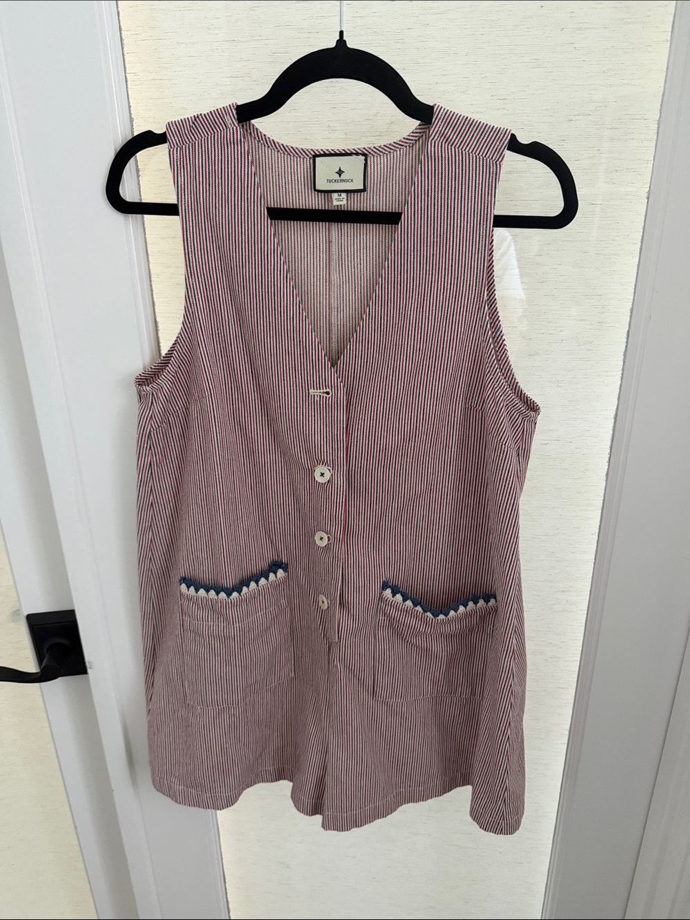 Tuckernuck Red and White Striped Sleeveless Button Romper